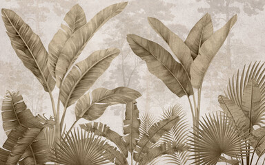 tropical wall mural features a beige and sepia monochromatic design with large banana and palm leaves © kalakarilife