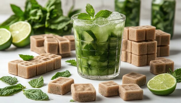 Refreshing mojito cocktail with lime, mint, ice cubes, and sugar cubes. Showcase summer drinks, parties, healthy lifestyles, or cocktail recipes.