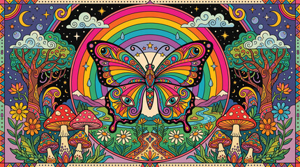 Fototapeta premium Vibrant psychedelic illustration featuring a colorful butterfly surrounded by magical mushrooms and a glowing rainbow in a forest