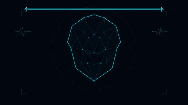 Futuristic biometric facial recognition scanner interface glowing blue on dark