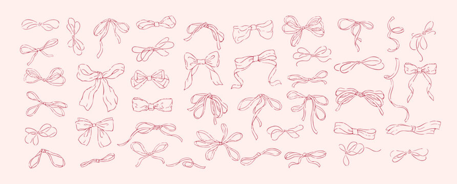 Set of whimsical bows. Hand drawn linear doodle design elements for decoration print or save the date card