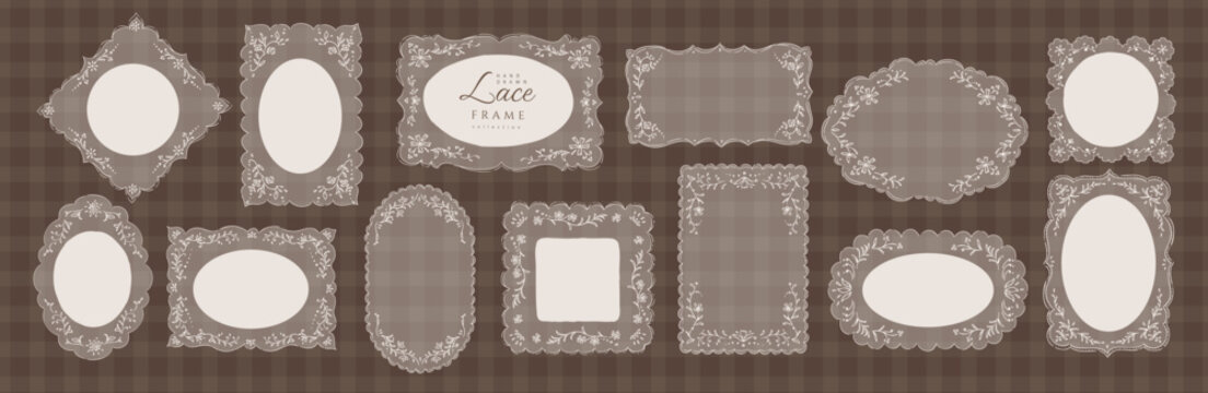 Set of cottagecore floral lace frame. Vintage dollies napkin with floral elements for wedding invitations or collage. Elegant embroidery handkerchief, hand drawn