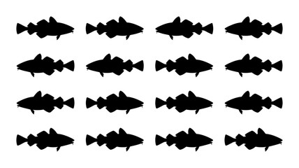 Fototapeta premium Cod Fish Silhouettes, Marine Life Vector Icons, Seafood Illustration, Aquatic Animal Graphics, Black and White Pattern