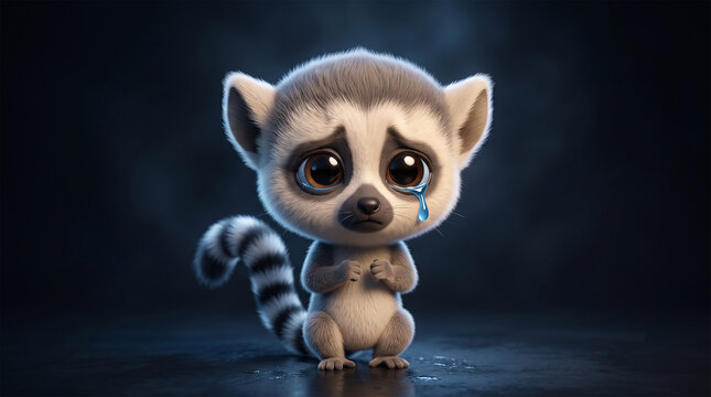 Sad ring tailed lemur crying with blue tear on dark background