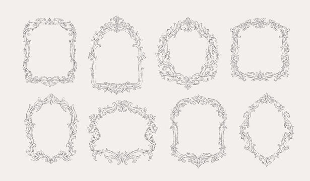 Set of doodle rococo or baroque mirror frame for packaging, wedding greeting card or scrapbooking. Hand drawn vintage vector