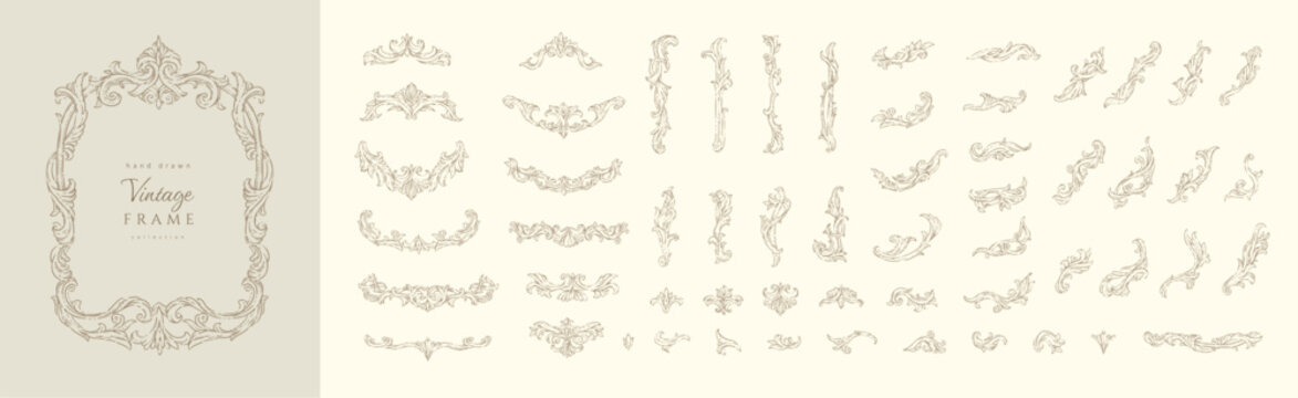 Set of doodle rococo or baroque decoration design elements for packaging, wedding greeting card or scrapbooking. Hand drawn vintage vector
