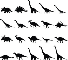 Set of black silhouettes of various prehistoric dinosaurs isolated on a white background for design projects © FARZANAAKTER