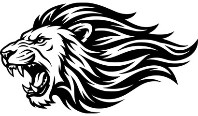 Bold Roaring Lion Head Illustration with Flowing Mane and Strong Wild Animal Line Art Design © Keyapayal