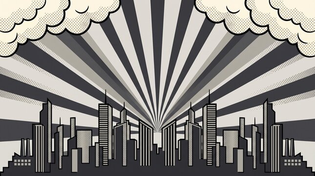 Dark gray urban skyline with bold radial sunburst rays and dramatic clouds. Suitable for business branding, architecture concepts, presentations, and editorial graphics.