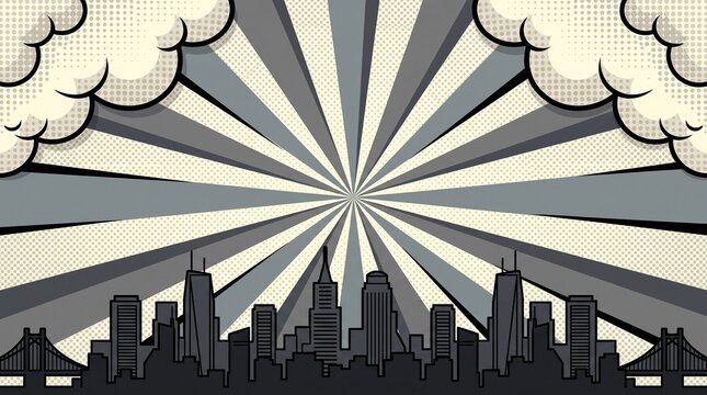 Retro gray city skyline with classic sunburst rays and vintage comic clouds. Perfect for editorial publications, presentations, websites, and architectural graphics.