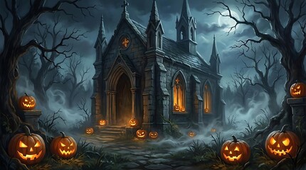 Obraz premium Gothic church at night with glowing Halloween pumpkins