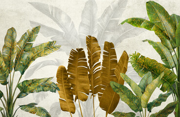 botanical wallpaper mural tropical design with large green and gold banana leaves on a textured background © kalakarilife