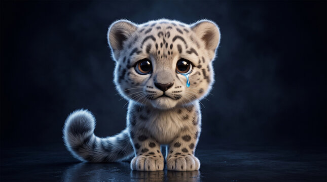 Sad snow leopard cub crying with blue tear on dark background