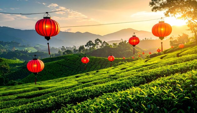 Green tea plantation with red lanterns.