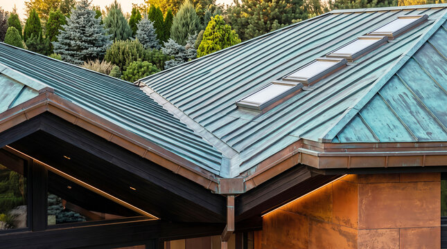 Patinated copper standing seam metal roof with integrated skylights on a house exterior, surrounded by evergreen trees and foliage