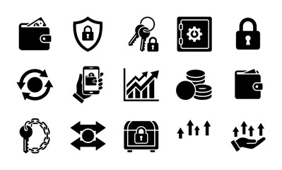 Obraz premium Security and Finance Icons: Wallet, Lock, Safe, Keys, Growth Chart, Coins, Data Transfer, Treasure Chest, Hand with Arrows, 15 Vector Elements