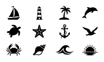 Fototapeta premium Nautical Icons Set: Sailboat, Lighthouse, Palm Tree, Dolphin, Turtle, Starfish, Anchor, Seagull, Crab, Seashell, Wave, Sunrise - Marine Vector Graphics