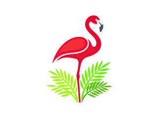 Vibrant Red Flamingo with Green Tropical Leaves