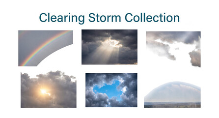 Obraz premium Clearing storm collection set with rainbow arc, sunbeams, and light clouds isolated on transparent