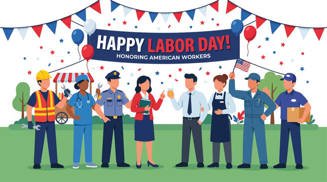 Labor Day Illustration Featuring Diverse American Workers And Patriotic Decorations