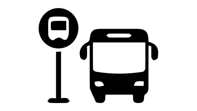 Bus stop icon with public transport vehicle, black silhouette bus station sign, urban transit symbol for city navigation and travel maps
