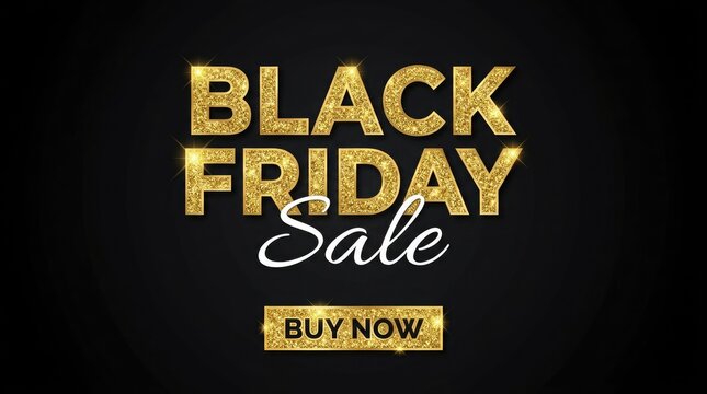 Elegant black friday sale banner with golden glitter typography and a buy now button on a dark luxury background for marketing