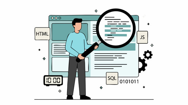 Programmer Analyzing Code on Web Browser with Magnifying Glass