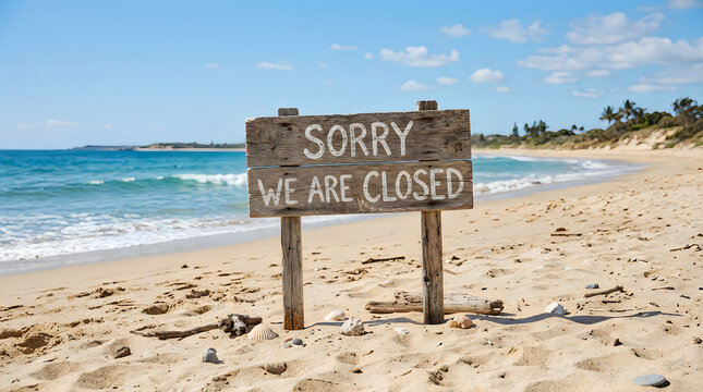 Sorry we are closed wooden sign on a sunny tropical beach