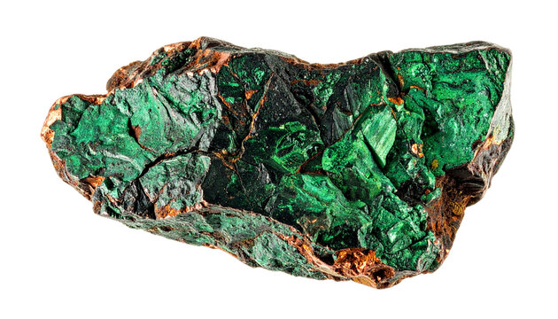Raw copper ore with vibrant green oxidation and rugged rocky texture, isolated on transparent background.