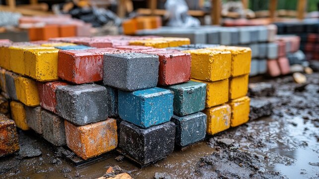 Colorful paving stones are stacked on wet ground at a construction site. Use for showing infrastructure projects or urban development concepts.
