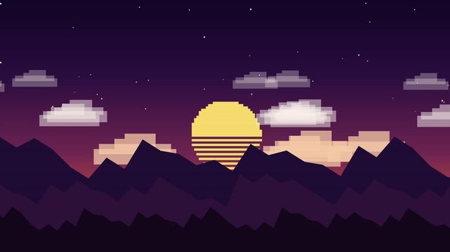 Synthwave Pixel Art Sunset over Dark Mountain Silhouette and Digital Grid Background with Starry Sky