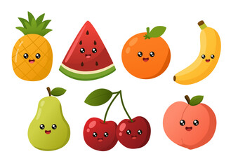 Fototapeta premium Set of Colorful Kawaii Fruit Illustrations Featuring Happy Faces and Smiling Expressions for Creative Design Projects