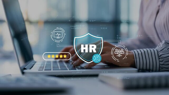 HR technology platform with workforce analytics, employee insights dashboards and businesswoman in modern office optimizing human capital performance
