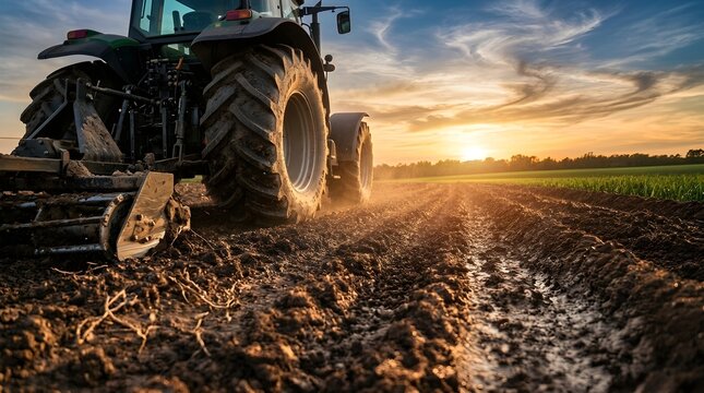 Modern tractor working in a tilled agricultural field during a golden sunset, showing detailed soil textures and rural farming landscape at dusk