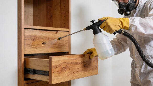 Pest control specialist applying insecticide treatment to wooden furniture drawer, realistic maintenance scene.
