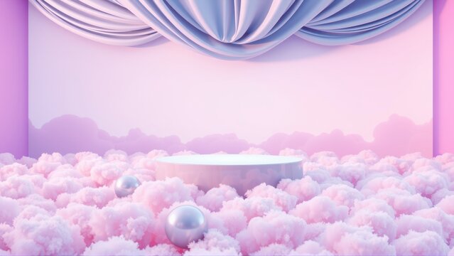 Soft pink clouds support silver platform, spheres. Dramatic drapery above creates elegant presentation space. Dreamlike, ethereal scene.