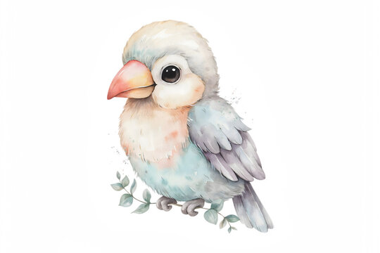 Whimsical watercolor of a tiny bird with light blue and grey plumage perched on a small twig isolated on a white background