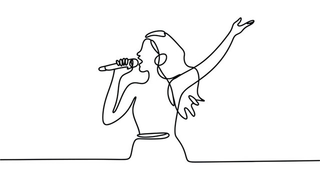 minimal one line singer performing with microphone isolated on white background continuous line art music performance vector illustration
