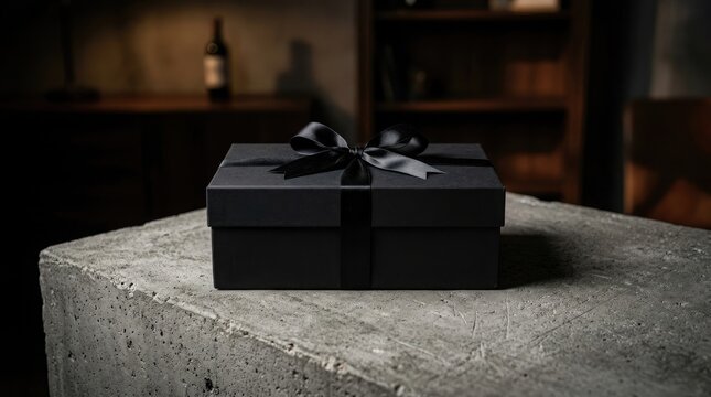 A sleek black gift box with a matching ribbon sitting on a textured stone surface for a premium black friday sale event
