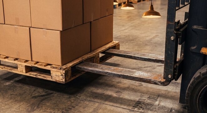 Forklift lifting a pallet of boxes in a warehouse
