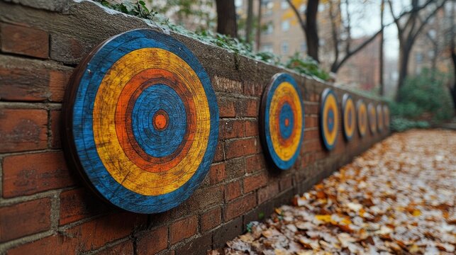 Wooden targets line brick wall in the autumn park scene. Perfect for illustrating goal setting, strategy, or precision concept.