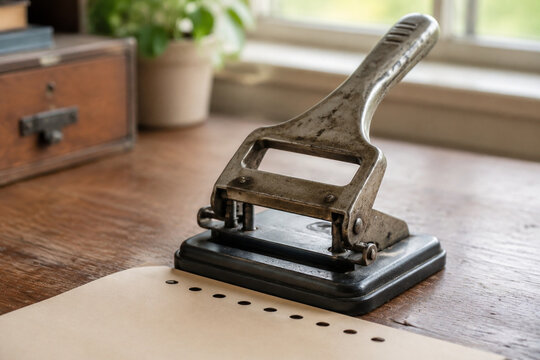 Vintage manual paper perforator on a wooden desk, revealing a neat row of circular holes.