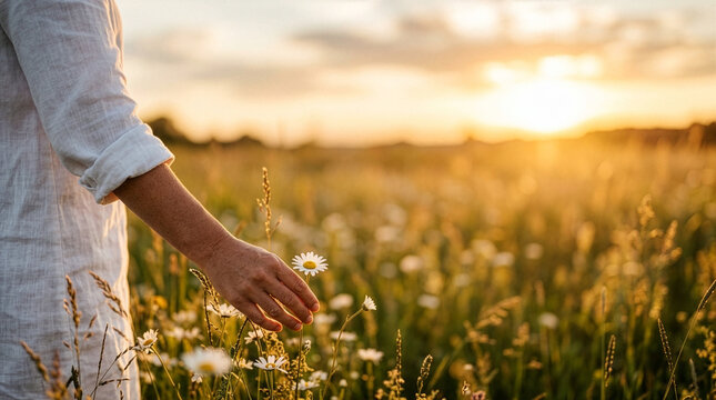 Close up of a person wearing white linen touching wildflowers in a meadow during a golden hour sunset for a serene mood.