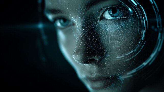 Human face illuminated by futuristic blue biometric scanning grid overlay showing advanced digital identity recognition technology
