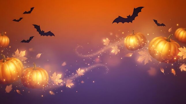 Halloween background with glowing pumpkins and flying bats.