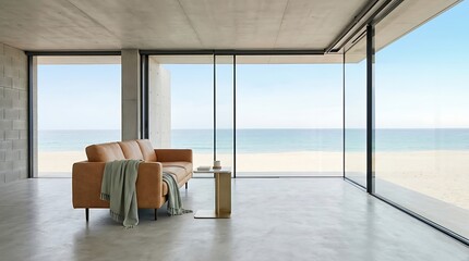 Fototapeta premium Modern minimalist living room featuring a tan leather sofa and floor to ceiling windows overlooking a serene beach and ocean landscape photo