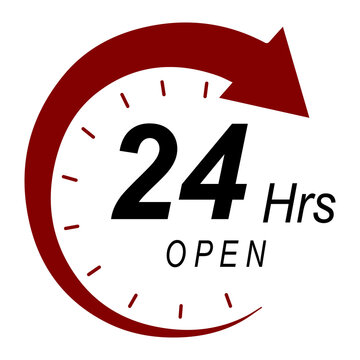 24 hours open icon, round clock arrow symbol, all day business service vector badge