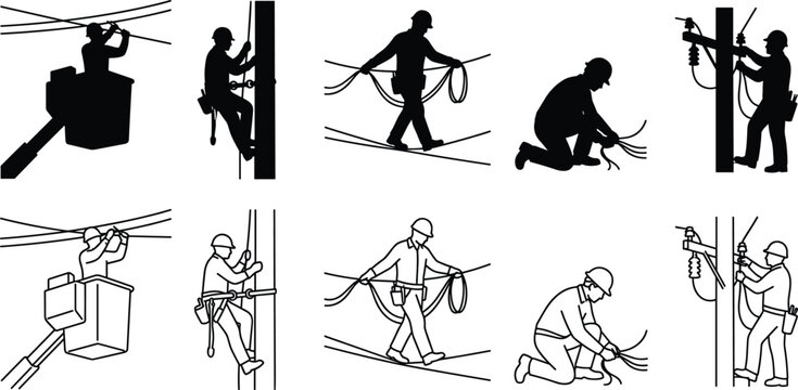 Electrical lineman and utility technician repairing power lines vector set in silhouette and line art styleElectrical lineman and utility technician repairing power lines vector set in silhouette 
