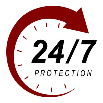 24/7 protection symbol, security service sign, nonstop support, shield monitoring, continuous safety icon