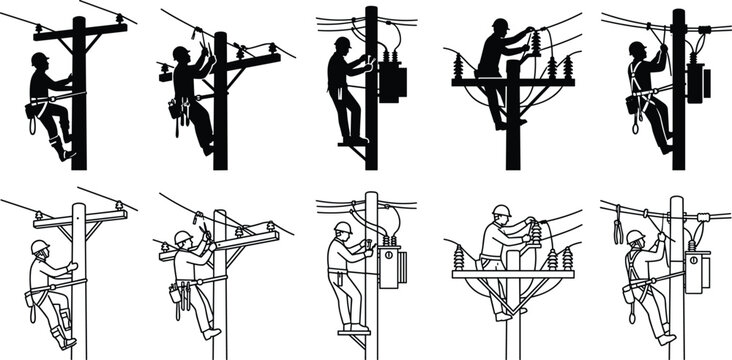 Electrical lineman worker repairing power line on utility pole vector set in silhouette and line art styleElectrical lineman worker repairing power line on utility pole vector set in silhoue